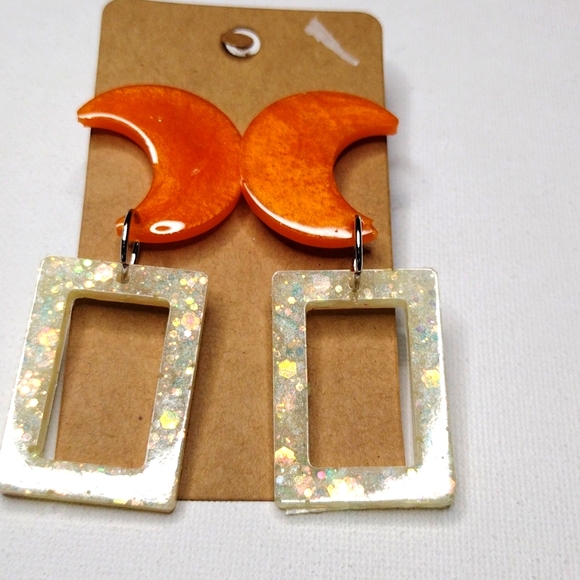 Orange Moon Sparkle White Rectangle dangle earrings silver hypoallergenic post - Picture 2 of 2